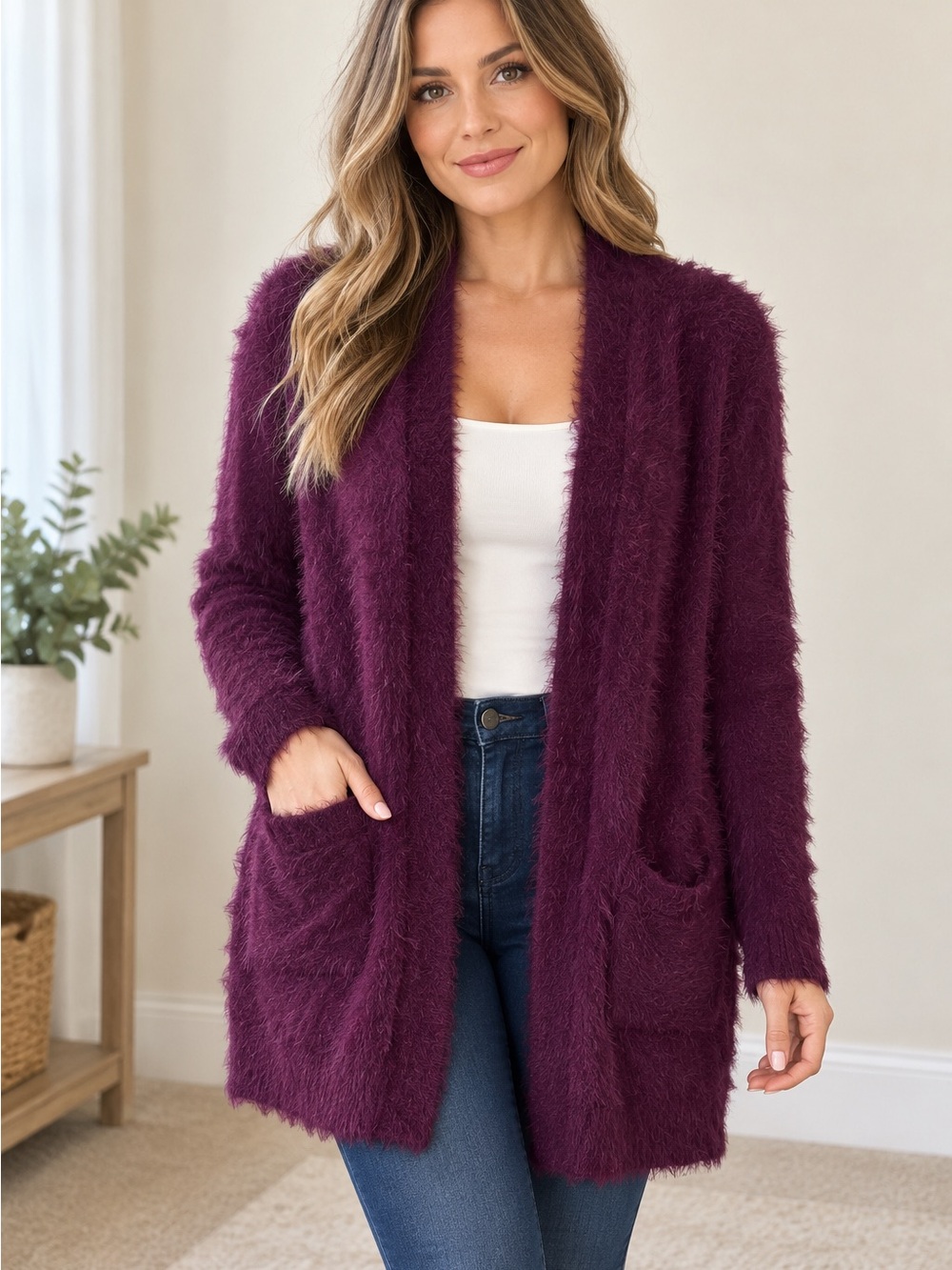 Colleen Lopez Fuzzy Open-Front Cardigan - Plum